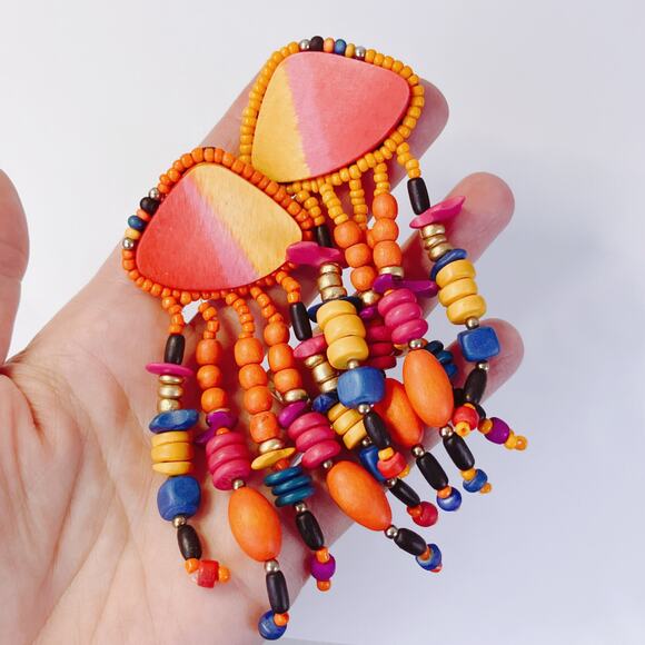 VTG Earrings Painted Wood Bead Boho Clip On Boho Tropical Chunky Eclectic 80s - Picture 2 of 12